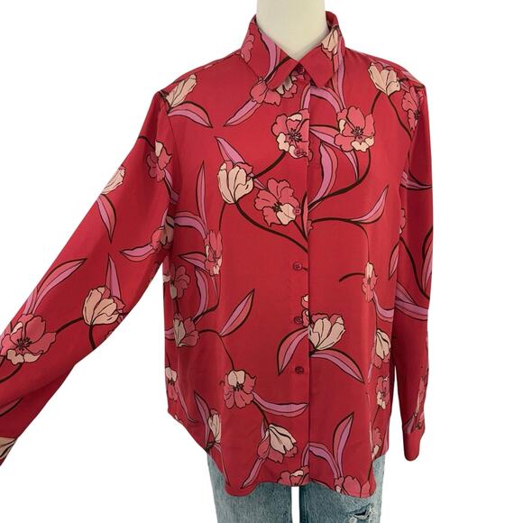 St. John Stretch Silk Button-Down Long Sleeve Shirt Poppy Red Floral 12 - Picture 1 of 12